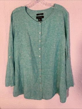 Tahari Teal Button-Down 100 % Linen  Tunic size 1X